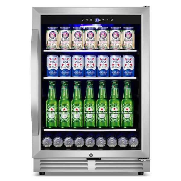 Nipus 23.4 in. Single Zone 220 Plus Cans Beverage Cooler Built-in Refrigerator with 2-Door Handles in Silver Stainless Steel