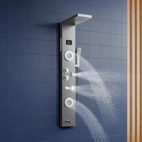 55 in. 6-Jet LED Shower Panel System with Rainfall Waterfall Shower Head Hand Shower and Massage Head in Brushed Nickel