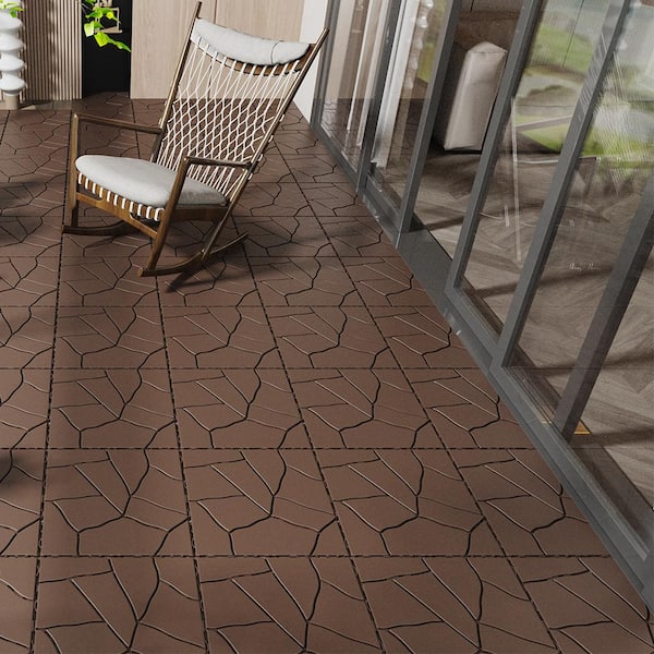 BTMWAY Red Brown Stone Style DIY 1 ft. x 1 ft. All-Weather Plastic Outdoor Interlocking Deck Tiles, Garage Floor Tiles(44-Pack)