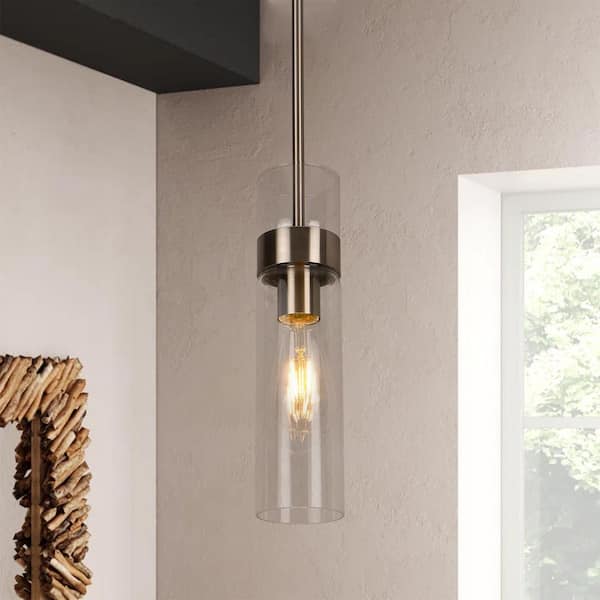 1-Light Nickel Shaded Mini Pendant Light with Clear Glass Shade