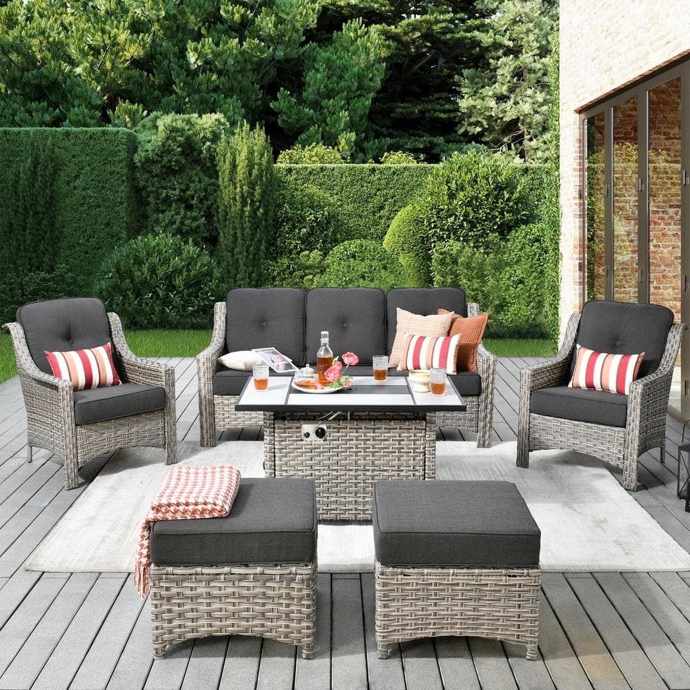 Tulip C Gray 6-Piece Wicker Patio Rectangular Fire Pit Conversation Sofa Set with Black Cushions price history on PriceWatchPro