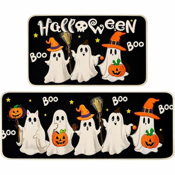 Halloween Ghost Linen Kitchen Rugs Set of 2, Non-Slip Low-Profile Washable Floor Mats for Bedroom Living Room
