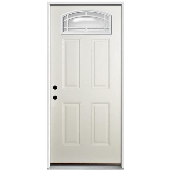 Steves & Sons Reliant 36 in. x 80 in. Right Hand 1/4 Lite Cambertop Clear Glass White Primed Fiberglass Prehung Front Door w/Brickmold