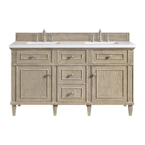James Martin Vanities Lorelai 60.0 in. W x 23.5 in. D x 34.06 in. H Double Bathroom Vanity in Whitewashed Oak with White Zeus Quartz Top