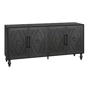 Black MDF 62.99 in. Vintage Carved 4-Doors Sideboards Farmhouse Large Storage Cabinet Buffet Cabinet with Metal Handle