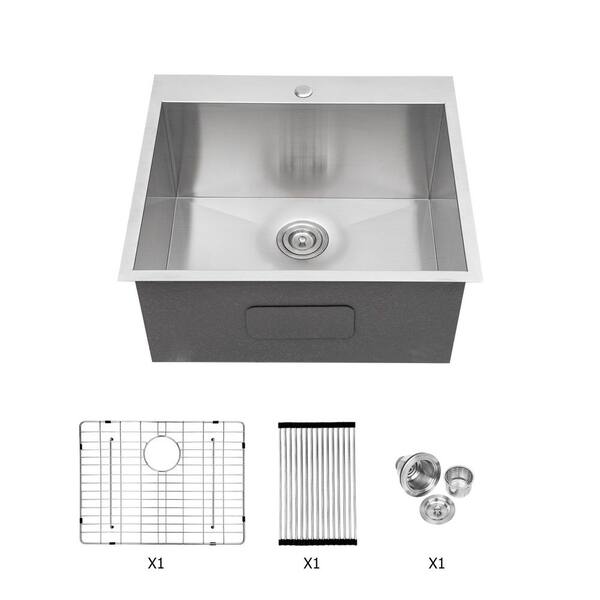 22 in. Drop-in Single Bowl 16 Gauge Brushed Nickel Stainless Steel Kitchen Sink and Bottom Grids
