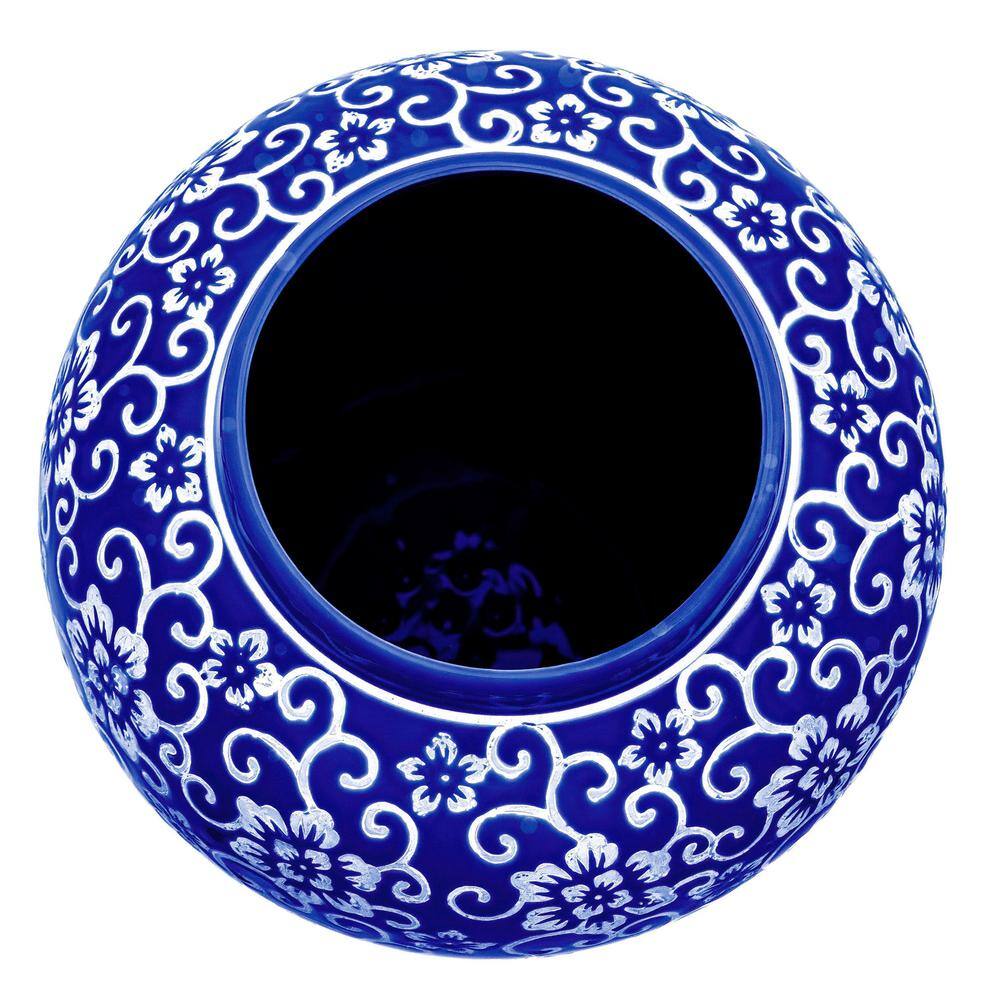 18-Inch Blue and White Floral Porcelain Temple Jar