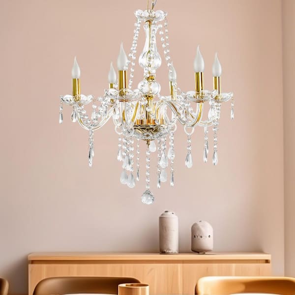 6-Light Gold Chandelier with Crystal Shade, E12 Base for Living Room, Dining Room, Entryway(Light Bulbs Not Included)