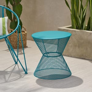 Nevada 18.25 in. Matte Teal Round Metal Patio Outdoor Side Table