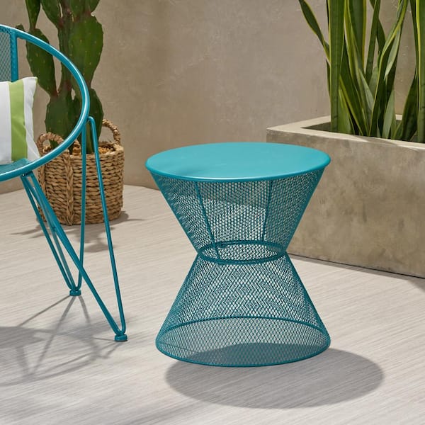Noble House Nevada 18.25 in. Matte Teal Round Metal Outdoor Side Table