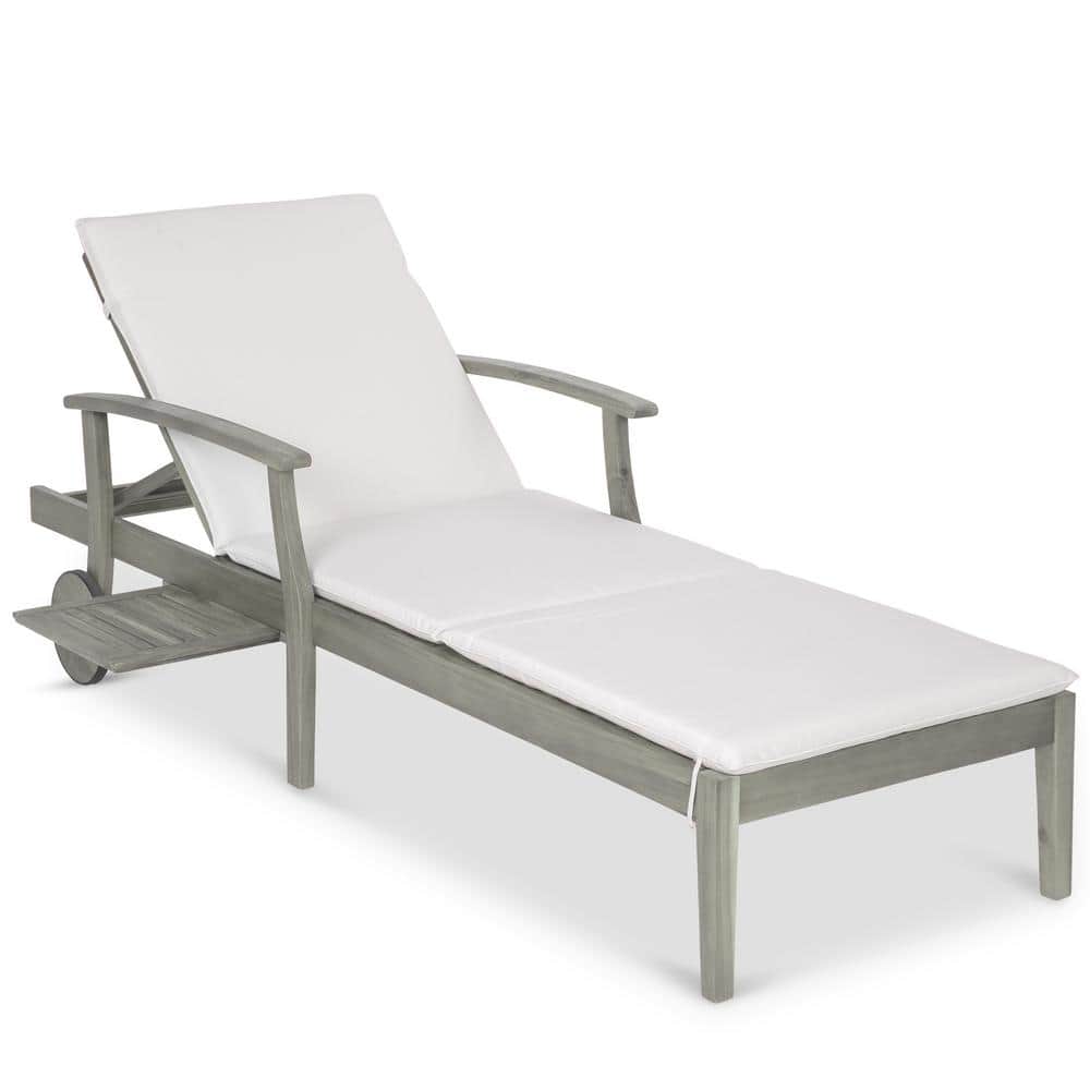 Gray Acacia Wood Outdoor Chaise Lounge with Cream Cushions