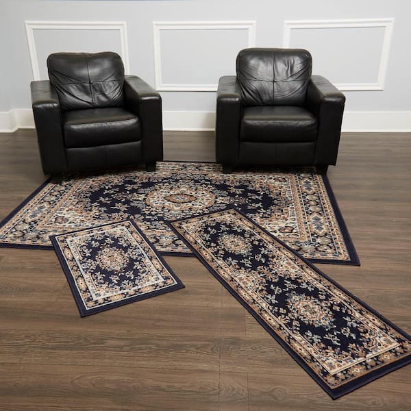 Ariana Navy Blue/Brown 5 ft. x 7 ft. 3-Piece Medallion Area Rug Set