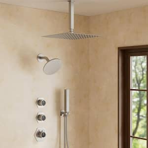 Thermostatic Valve 5-Spray 12 and 6 in. Shower Faucet with 2-Function Handheld Shower in Brushed Nickel