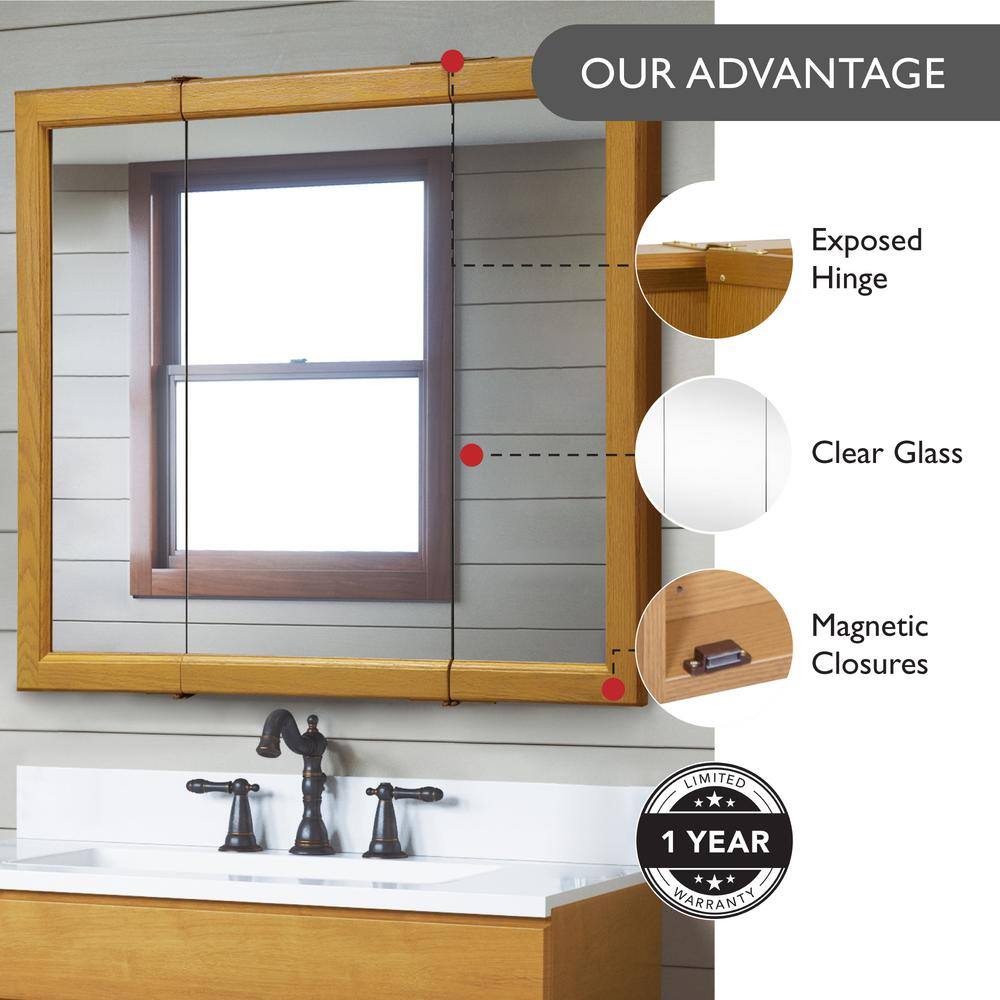 Claremont Honey Oak 36-Inch Tri-View Medicine Cabinet with Mirrored Doors
