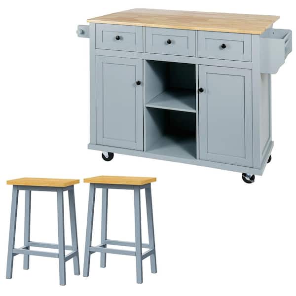 Zeus & Ruta 3-Piece Gray Blue Wood 53.1 in. Kitchen Island Cart with Two Bar Stools and Drop-Leaf