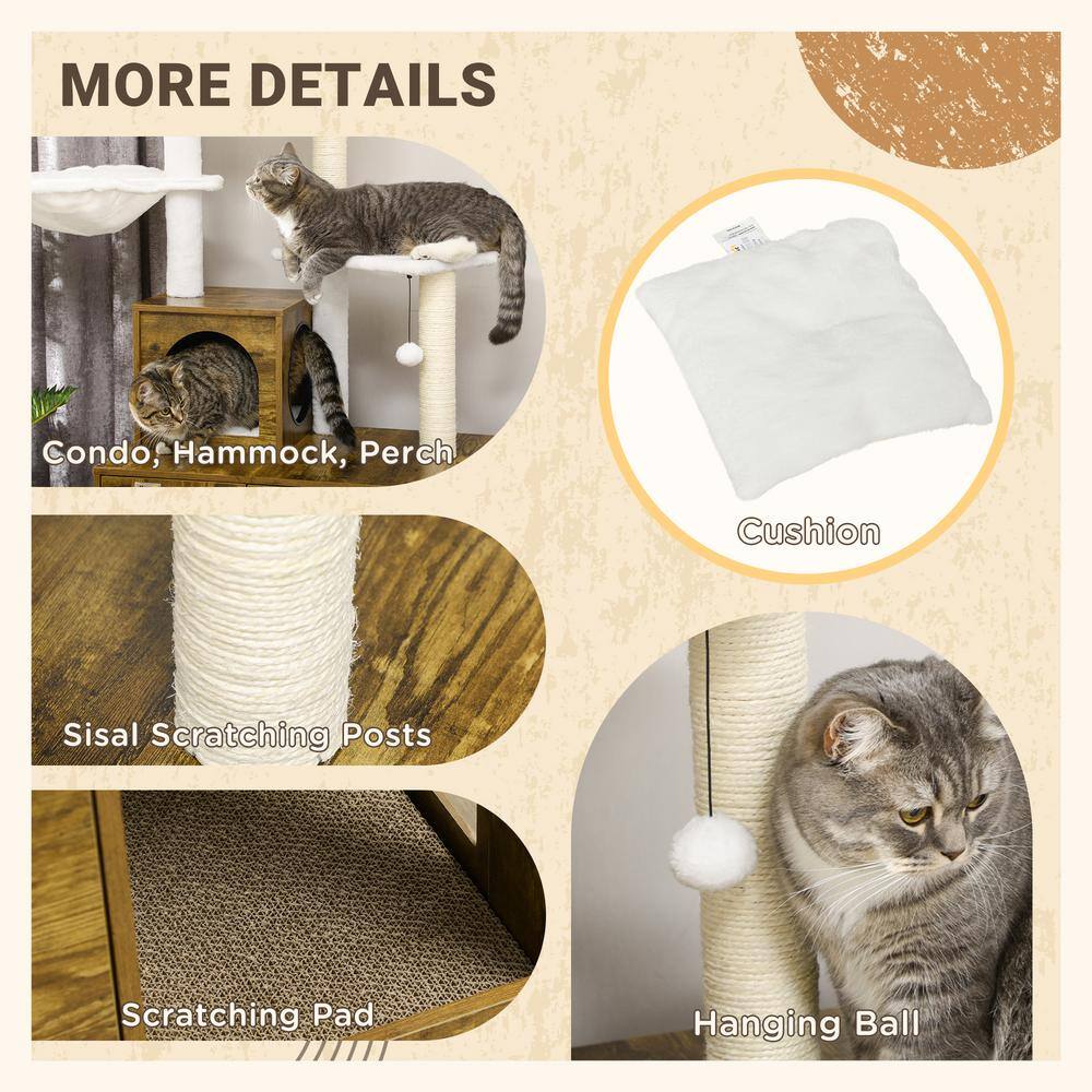 Rustic Brown Wooden Cat Tree with Litter Box Enclosure and Sisal Posts