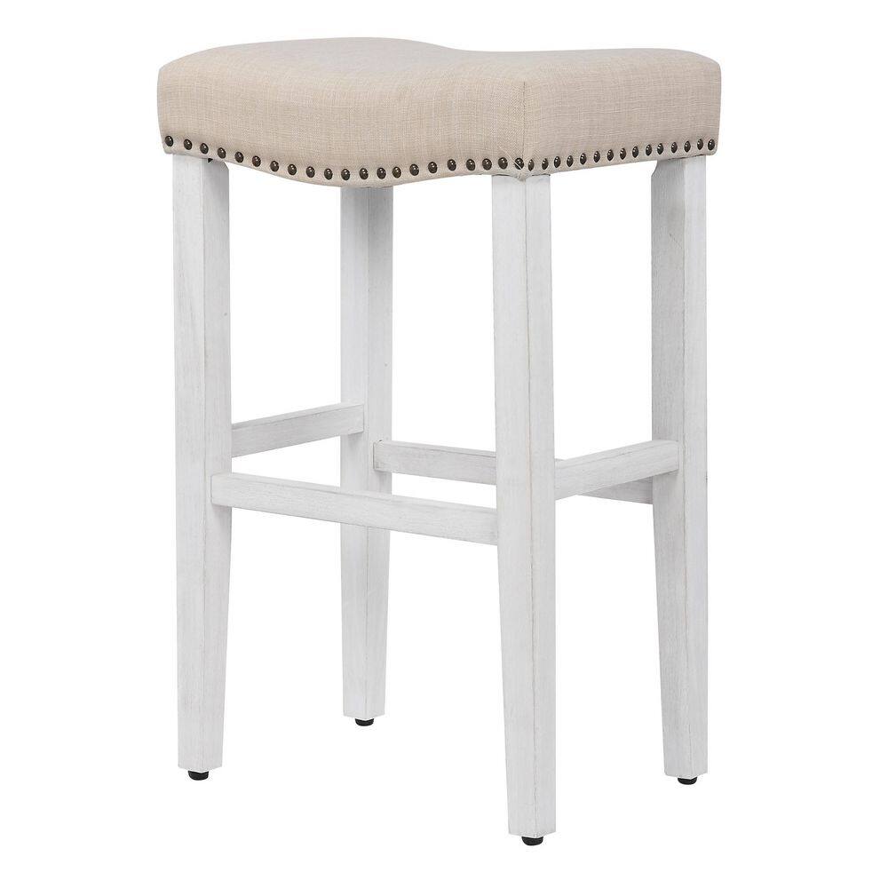 Antique White and Beige Upholstered Saddle Seat Bar Stools, 29" Wood