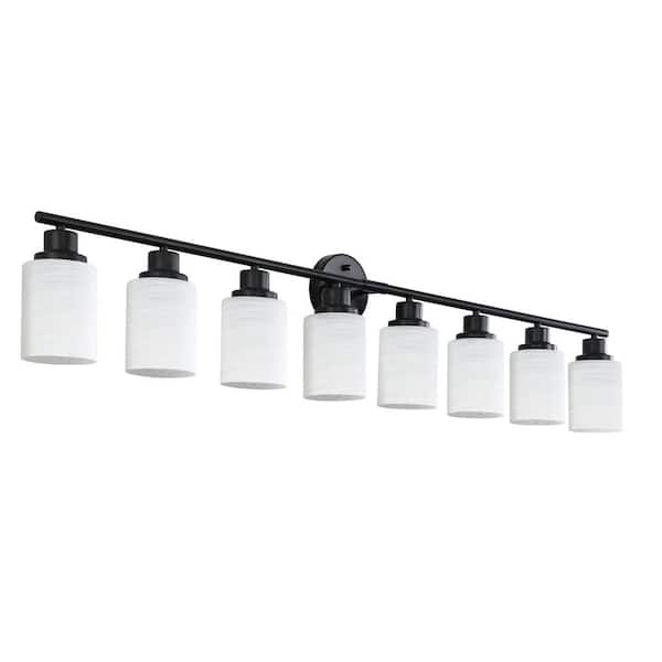 52 in. Modern 8-Light Scone Wall, Frosted White Glass With Black Iron Frame For Bathroom, Bedroom and Dressing Room