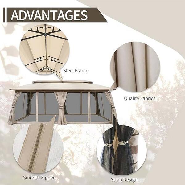 Unbranded - 20 ft. x 10 ft. Beige Outdoor Double Tier Gazebo Tent with Side Mesh Curtains for Lawn, Backyard and Party