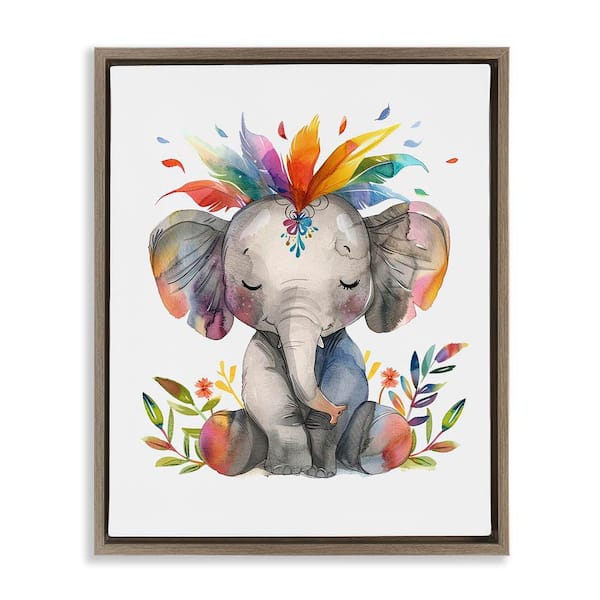 Stupell Industries Rainbow Blooms Elephant by LSR Design Studio Brown Floater Frame Animal Graphic Art Print 31 in. x 25 in.