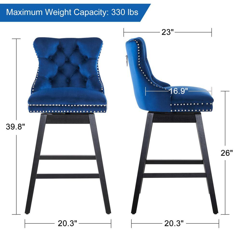 Blue Velvet Upholstered Swivel Counter Stools with Solid Wood Legs, Set of 2