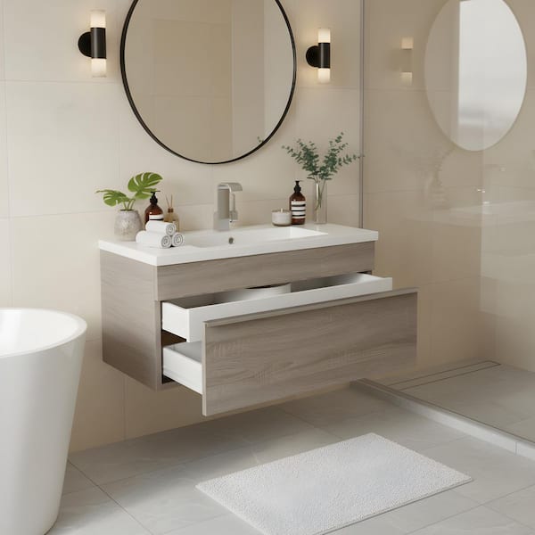 Trough 30 in. W x 16 in. D x 15 in. H Single Sink Wall Bathroom Vanity in Dorato with Cultured Marble Top in White