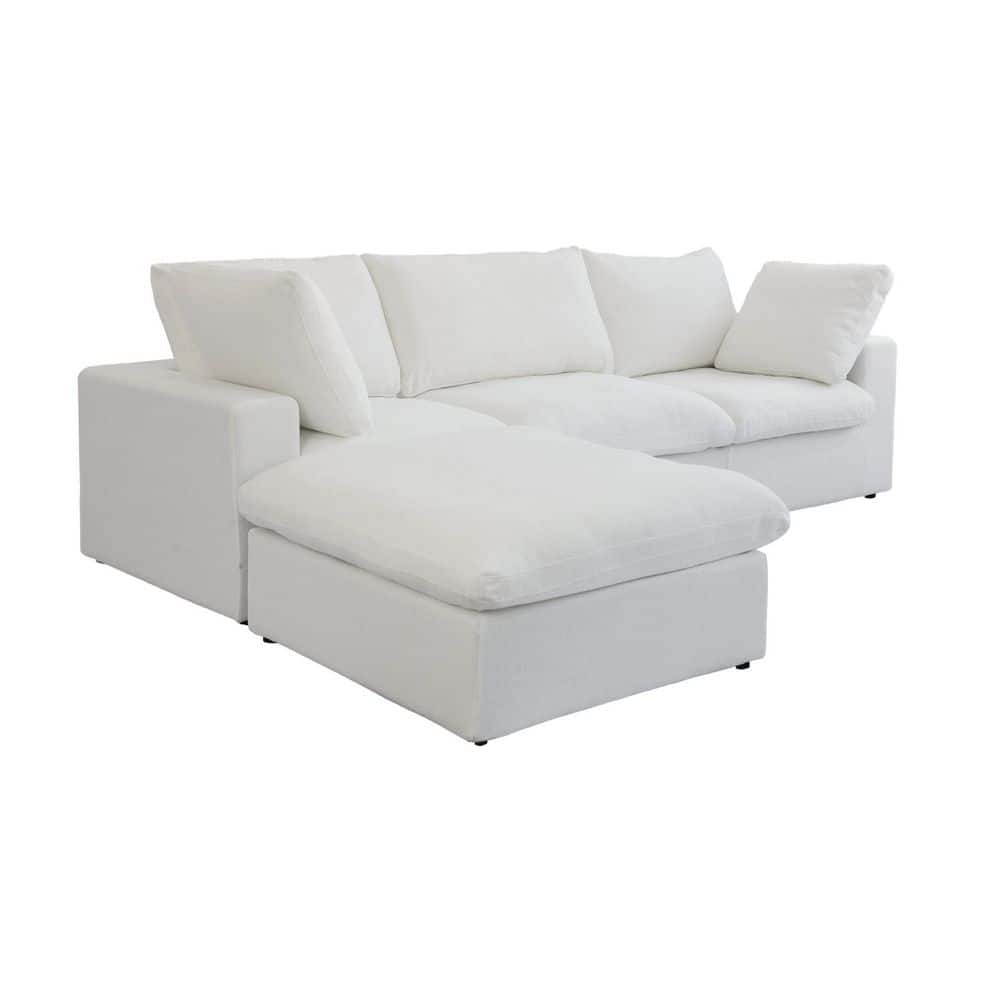 120.2 in. Square Arm Linen L-Shaped Free Combination Sofa Couch with Storage Ottoman in. White