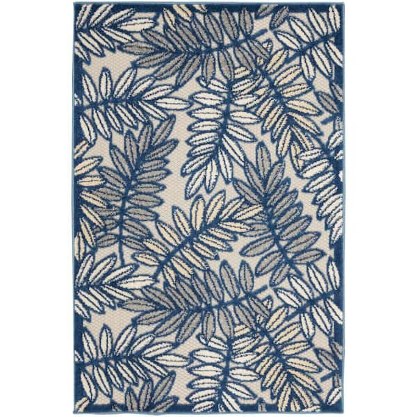 Nourison Aloha Ivory/Navy Botanical Contemporary Indoor/Outdoor Patio Rug