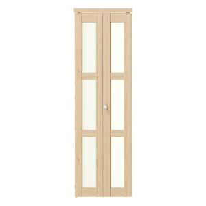 24 in. x 80 in. Frosted Glass Solid Core Light Brown 3-Lite MDF Wood PVC Covering Bi-fold doors with Hardware Kits