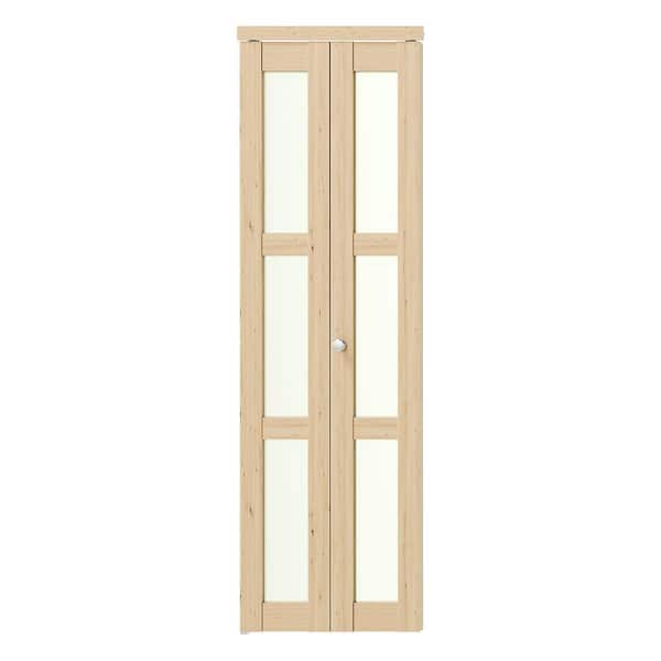 24 in. x 80 in. Frosted Glass Solid Core Light Brown 3-Lite MDF Wood PVC Covering Bi-fold doors with Hardware Kits