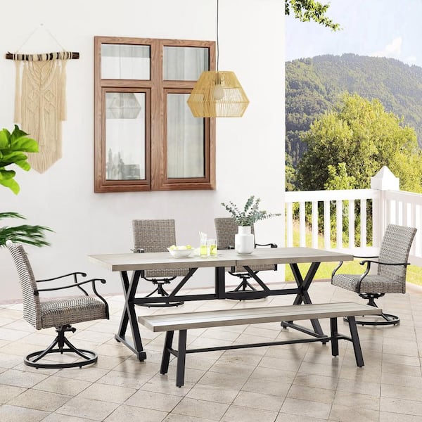 ULAX FURNITURE 6-Piece Metal Outdoor Dining Set with Rectangle Table, Steel Bench and 4 Swivel Chairs
