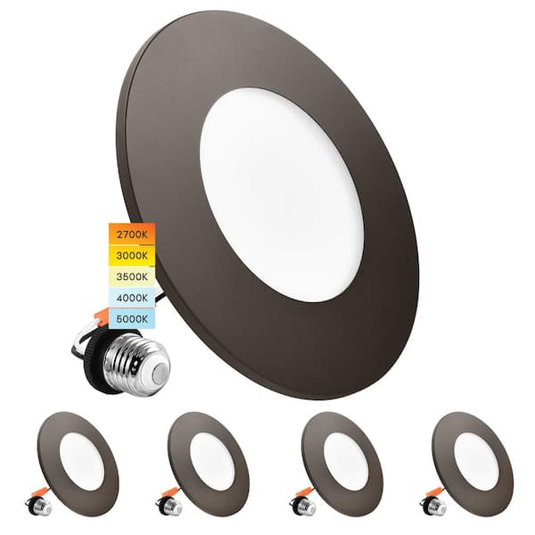 LUXRITE 3-4 in. Integrated LED Flush Mount & Recessed Light, 7.5W, 5CCT, 650LM, Dimmable, J-Box or 4 in. Housing, Bronze 4 Pack
