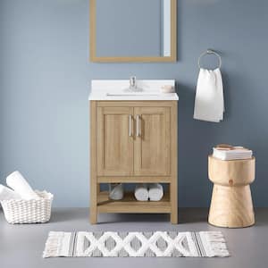 Vegas 24 in. W x 19 in. D x 34 in. H Single Sink Bath Vanity in White Oak with White Engineered Stone Top