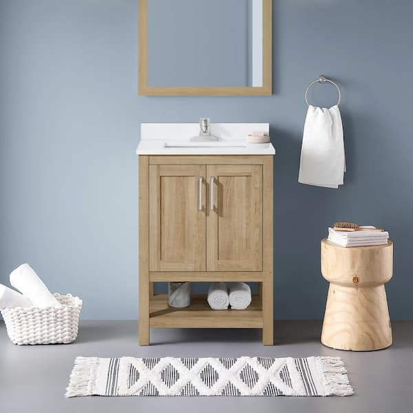 Vegas 24 in. Single Sink White Oak Bath Vanity with White Engineered Stone Top (Assembled)