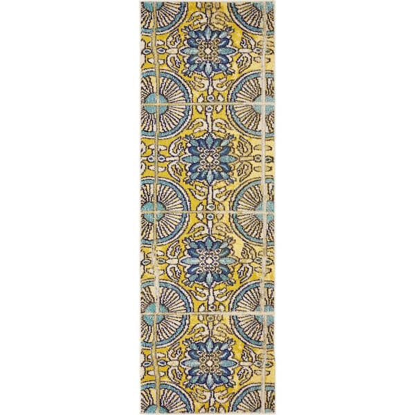 StyleWell Estrella Salma Gold/Blue 2 ft. x 6 ft. Floral Runner Rug