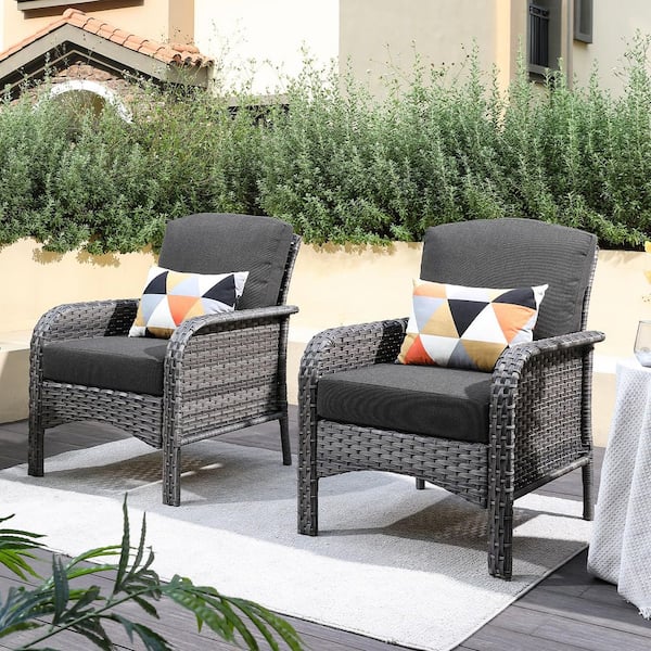Ada Gray 2-Piece Wicker Outdoor Patio Conversation Chair Seating Set with Black Cushions