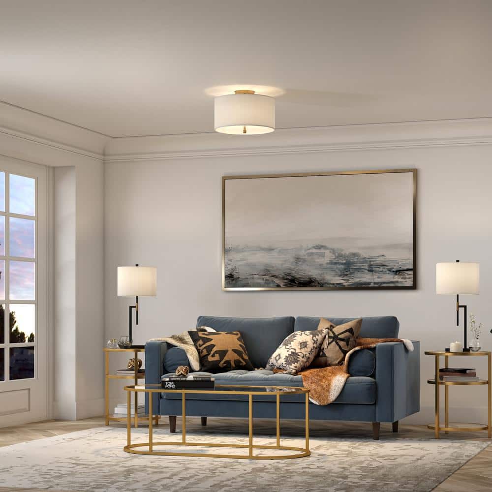 Ellis 16" Brass Drum Flush Mount with White Linen Shade