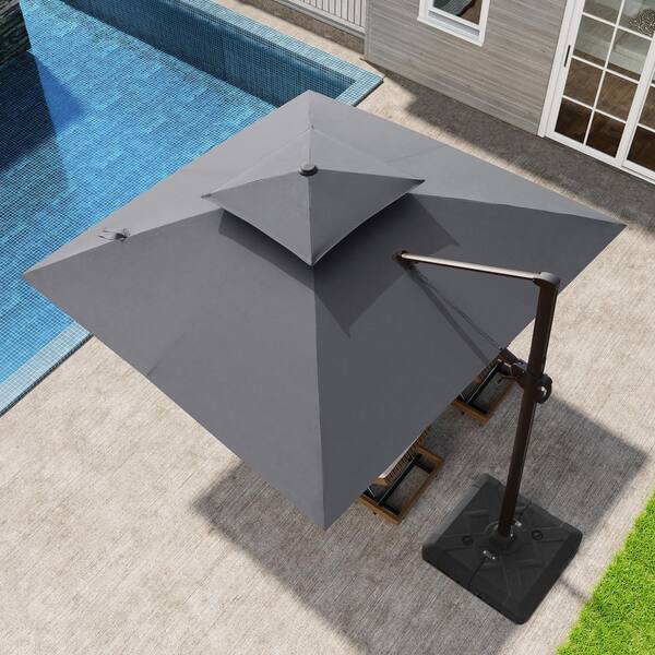 Pellebant 10 ft. x 10 ft. Aluminum 2-Tier Top Canopy Adjustable Tilt Swivel Cantilever Patio Umbrella in Dark Gray with Base