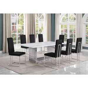Lisa 9-Piece Rectangle White Marble Top Stainless Steel Base Dining Set With 8-Black Velvet Chrome Iron Leg Chairs