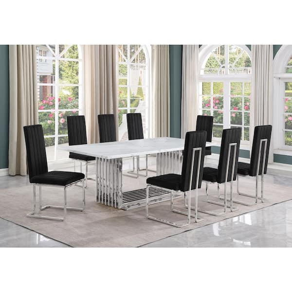 Best Quality Furniture Lisa 9-Piece Rectangle White Marble Top Stainless Steel Base Dining Set With 8-Black Velvet Chrome Iron Leg Chairs