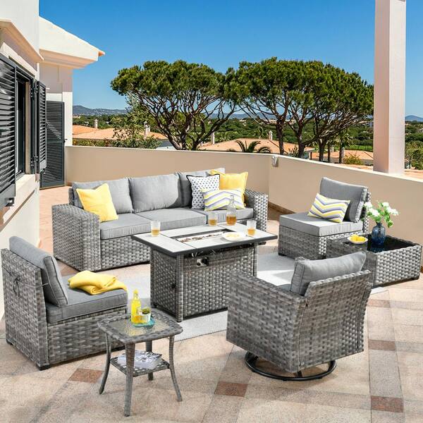 HOOOWOOO Crater Grey 9-Piece Wicker Wide Arm Outdoor Patio Conversation Sofa Set with a Rectangle Fire Pit and Grey Cushions