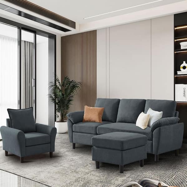 3-Piece Bluish Grey Fabric Living Room Set