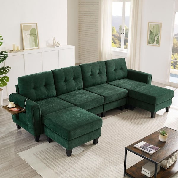 Cevano Modern 115.25 in. Chenille Upholstered Sectional Sofa in Green with Ottomans, USB Ports and Side Tables