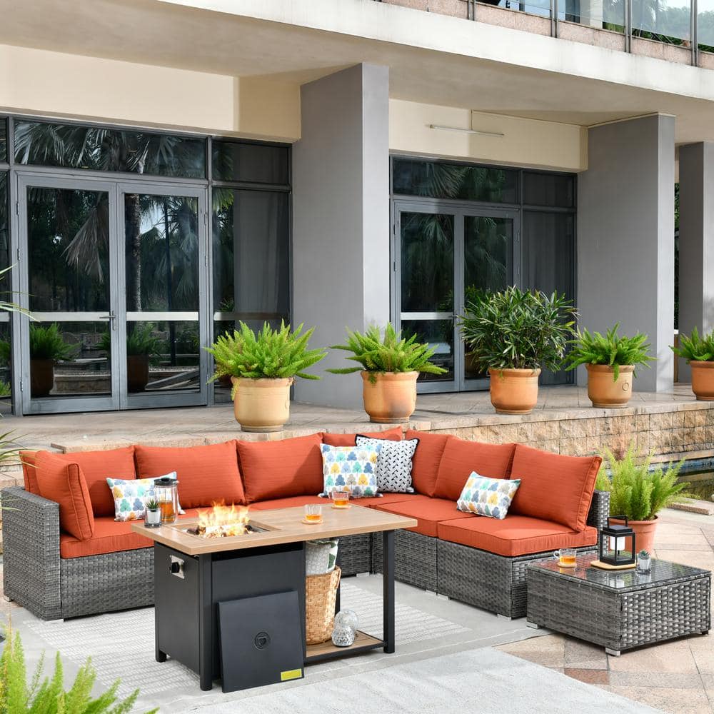 Sanibel Gray 8-Piece Wicker Outdoor Patio Conversation Sofa Seating Set with a Storage Fire Pit and Orange Red Cushions -  Toject, DFP-HOP808