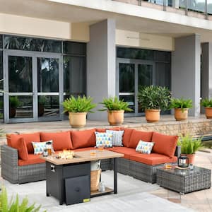 Sanibel Gray 8-Piece Wicker Outdoor Patio Conversation Sofa Seating Set with a Storage Fire Pit and Orange Red Cushions