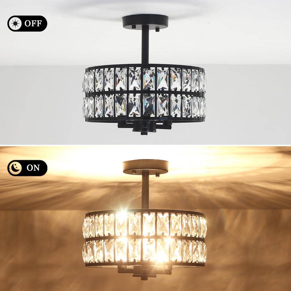 Black Metal and Crystal Drum Semi-Flush Mount Ceiling Light