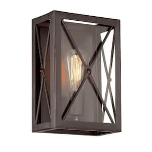 High Line 7.5 in. 1-Light Satin Bronze Industrial Wall Sconce with Clear Glass Shade