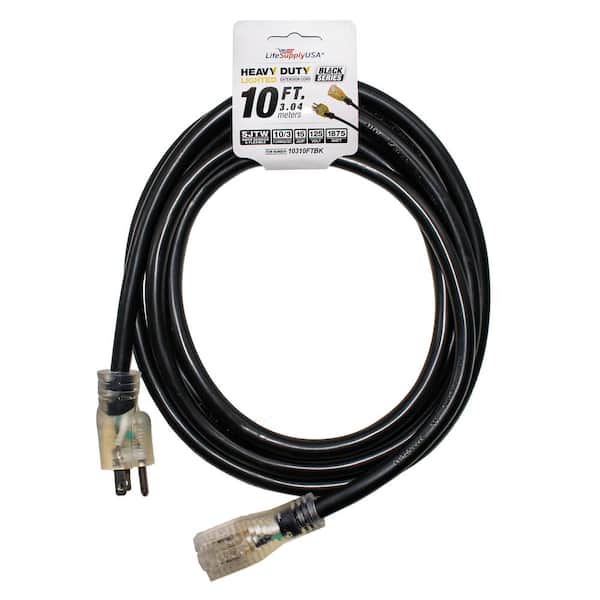 LifeSupplyUSA 10 ft. 10/3 SJTW 15 Amp 125-Volt 1875-Watt Lighted End Indoor/Outdoor Black Heavy-Duty Extension Cord (50-Pack)