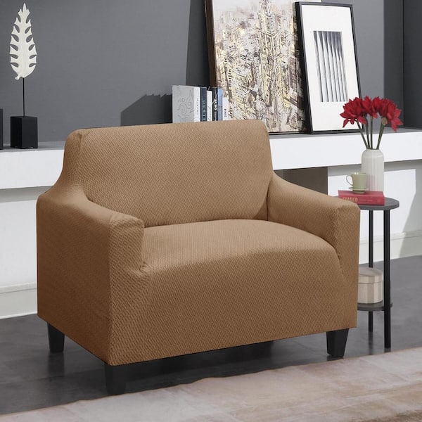 J&V TEXTILES Taupe Microfiber Super Stretch Water Resistant Loveseat Slipcover