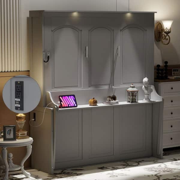 Gray Wood Frame Queen Murphy Bed with Desk, LED Lights and USB Charging Station